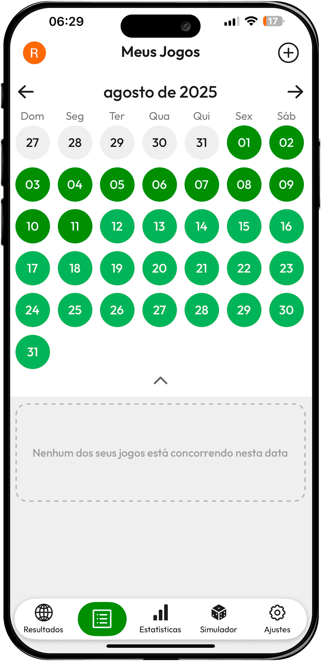 Wireframe da tela Calendário completo